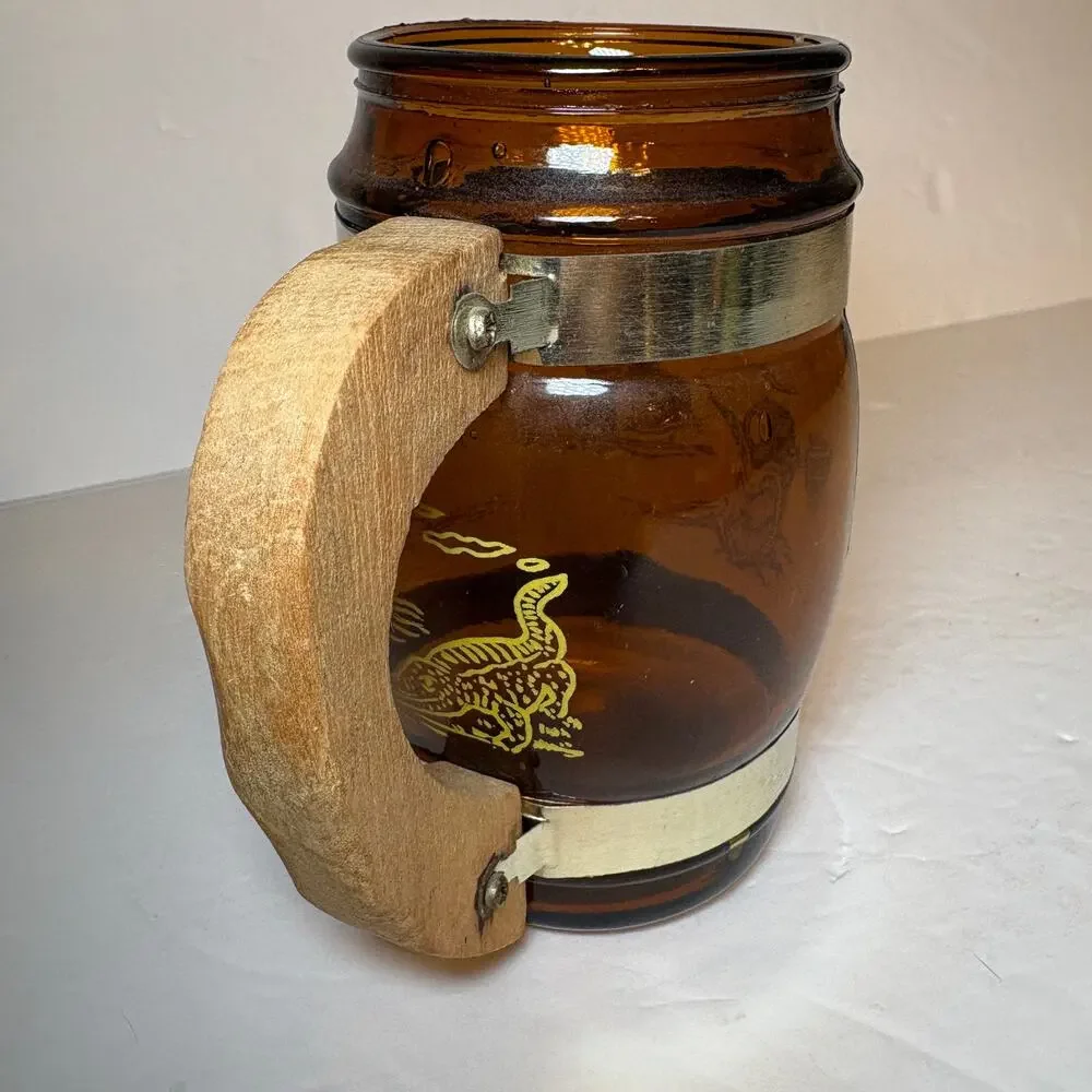 Vintage Florida Souvenir Brown Glass Barrel Mug Wood Handle